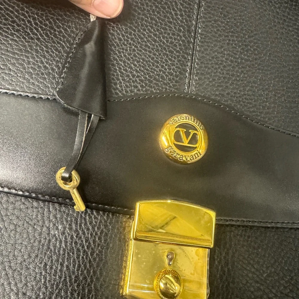 Valentino Garavani NWOT Black Leather Briefcase with Gold Accents